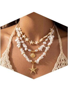 Women's Shell White Plated Layered Pendan Dainty Coastal Charm Starfish Necklace